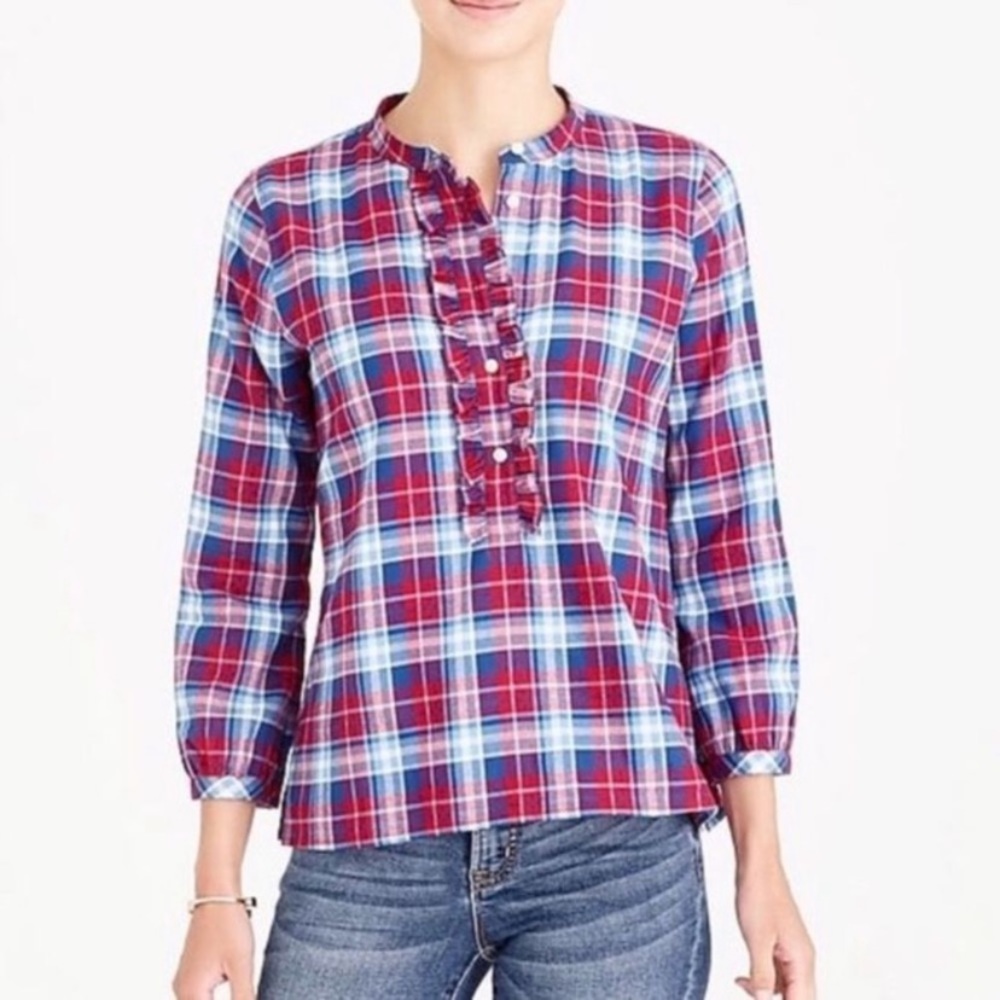 J. Crew Mercantile Plaid Ruffle Shirt, size S.